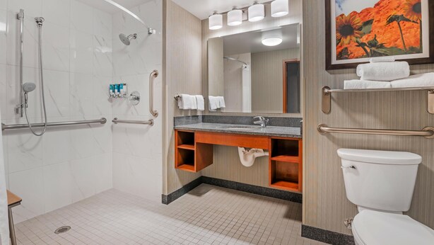 Un baño moderno con ducha, inodoro y tocador.