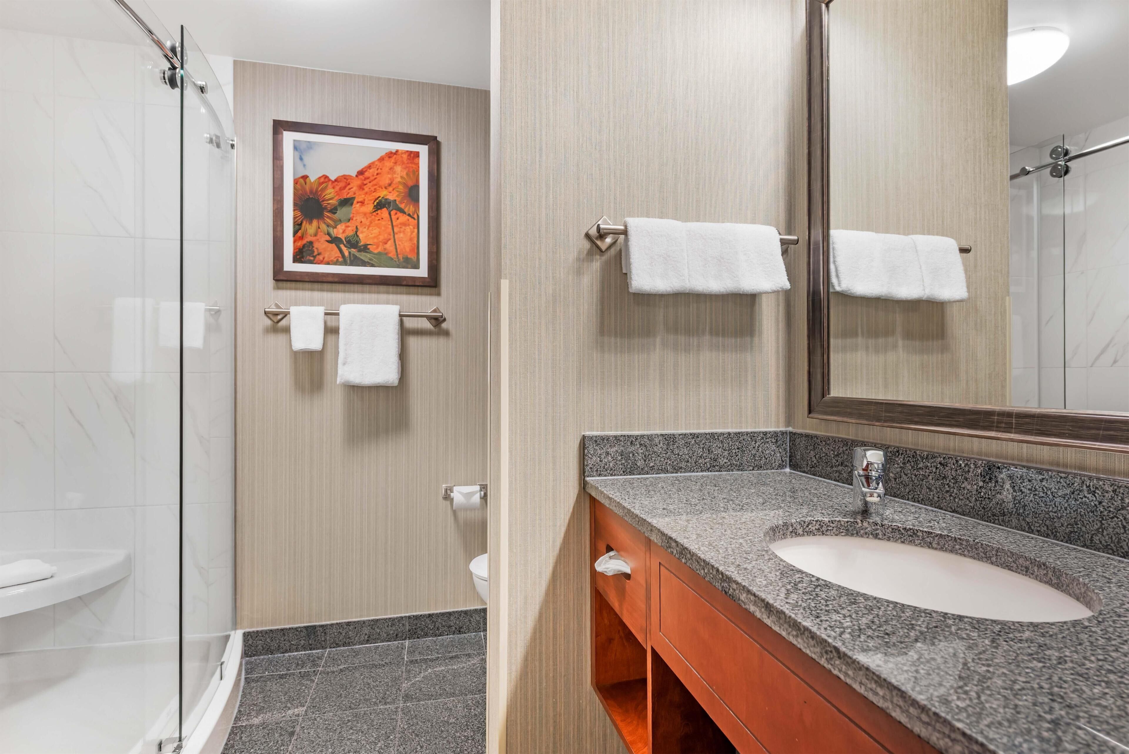 Un baño con cabina de ducha de vidrio, un lavabo con encimera de granito, un mueble de tocador de madera y un cuadro en la pared.