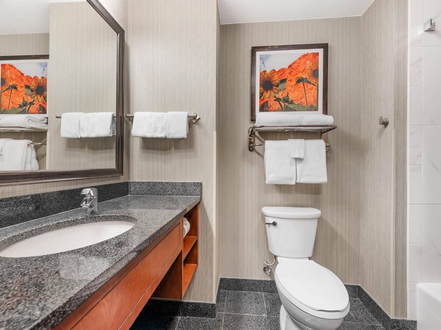 Un baño con lavamanos de granito, inodoro blanco y un perchero.