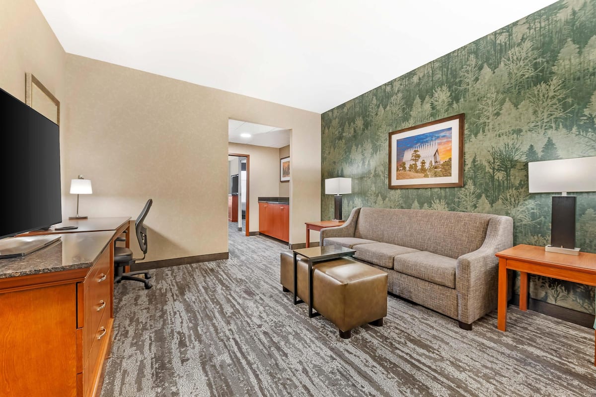 Une chambre d’hôtel équipée d’un bureau, d’une chaise, d’un canapé, d’un pouf et d’un tableau au mur.