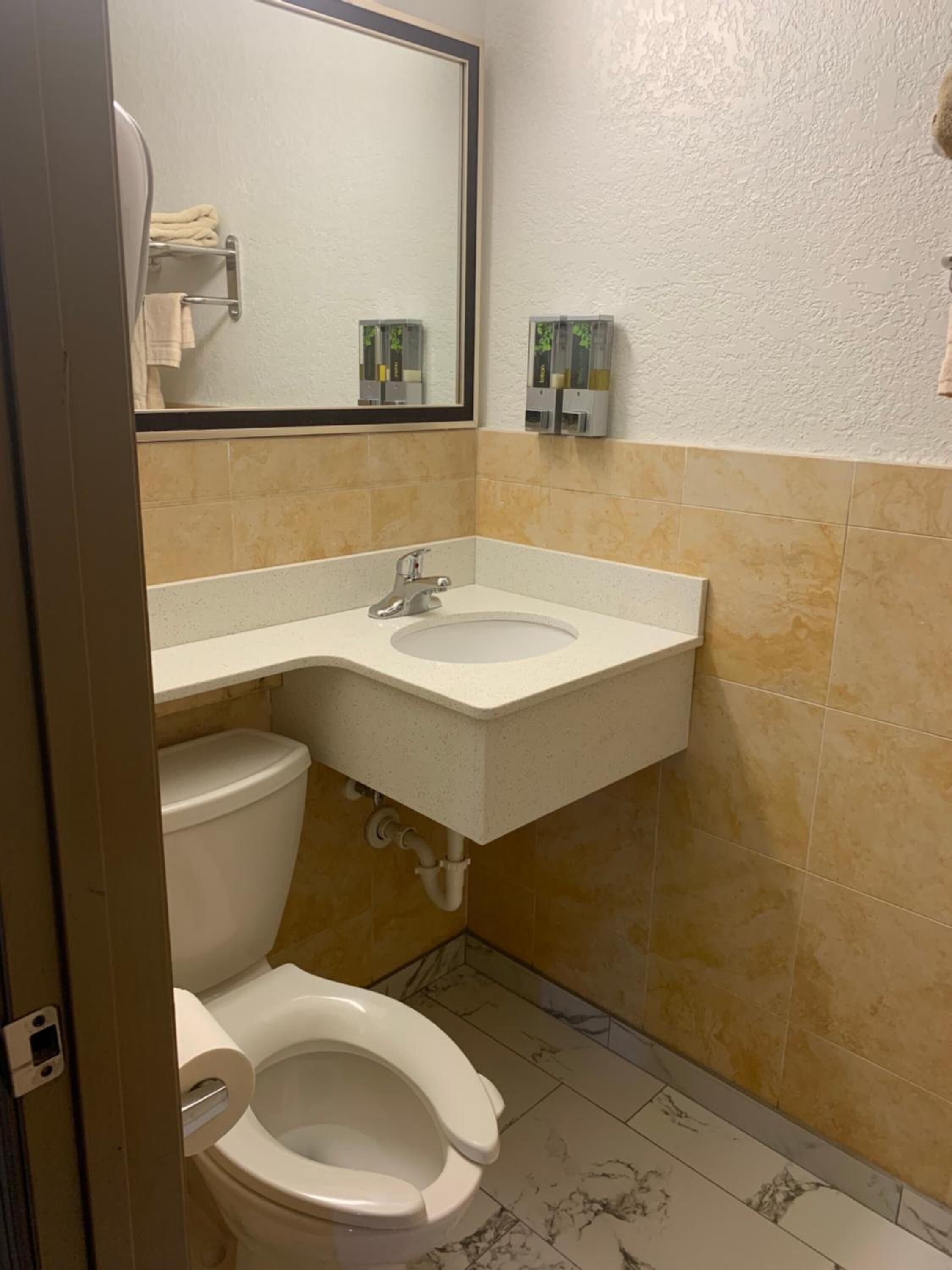 A bathroom with a toilet, sink, and mirror.