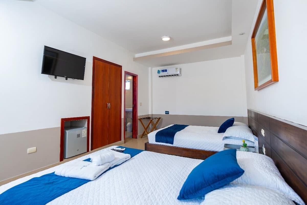 Une chambre d’hôtel avec deux lits, une télévision, un climatiseur et un miroir.