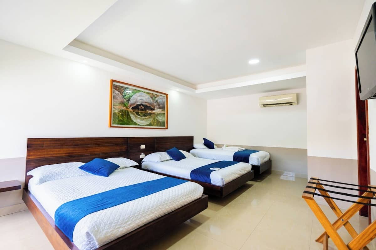 Une chambre d’hôtel avec deux lits, une tête de lit en bois, un tableau au mur, un appareil de climatisation et un téléviseur.