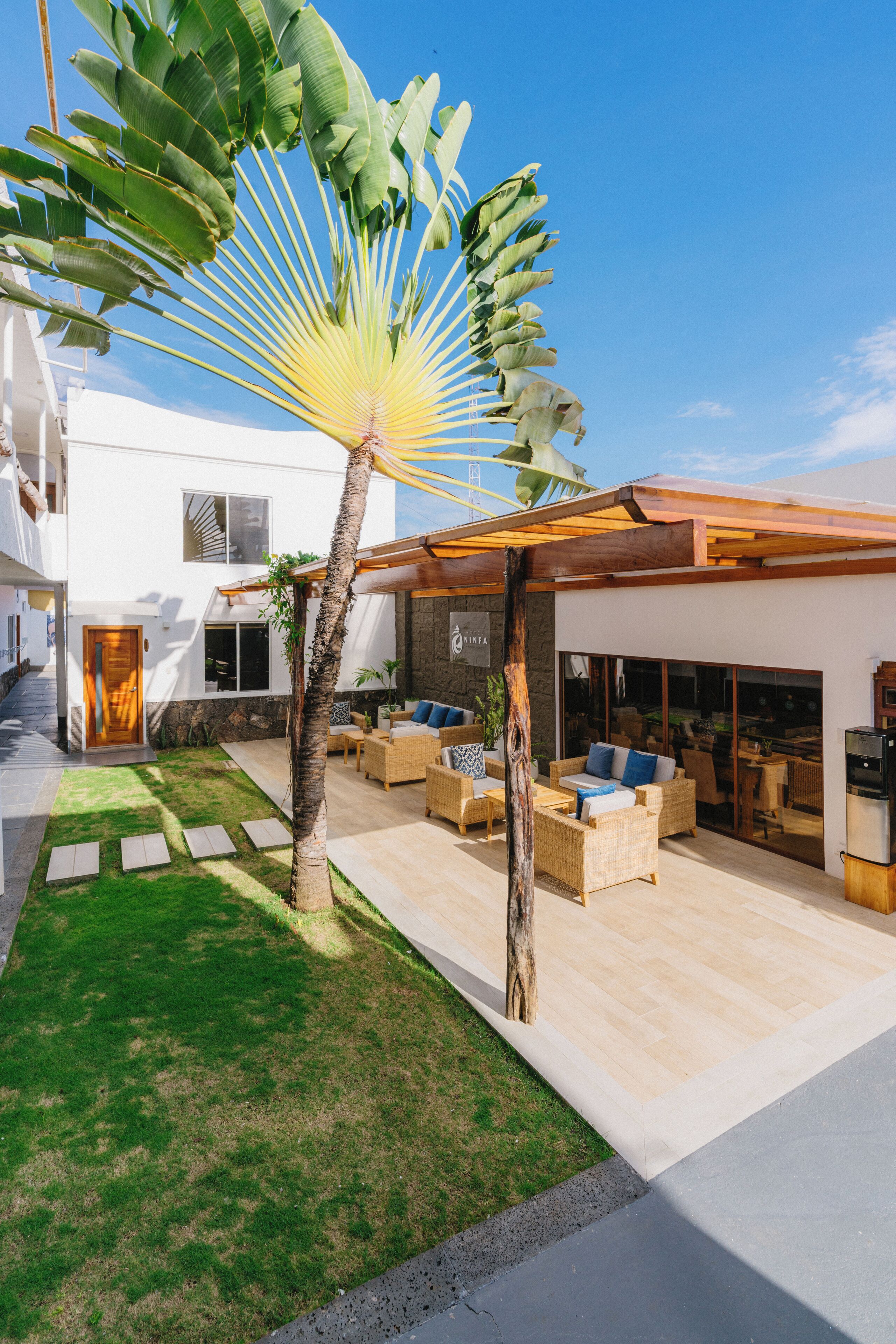 Un espacio moderno al aire libre con patio, asientos y una palmera.