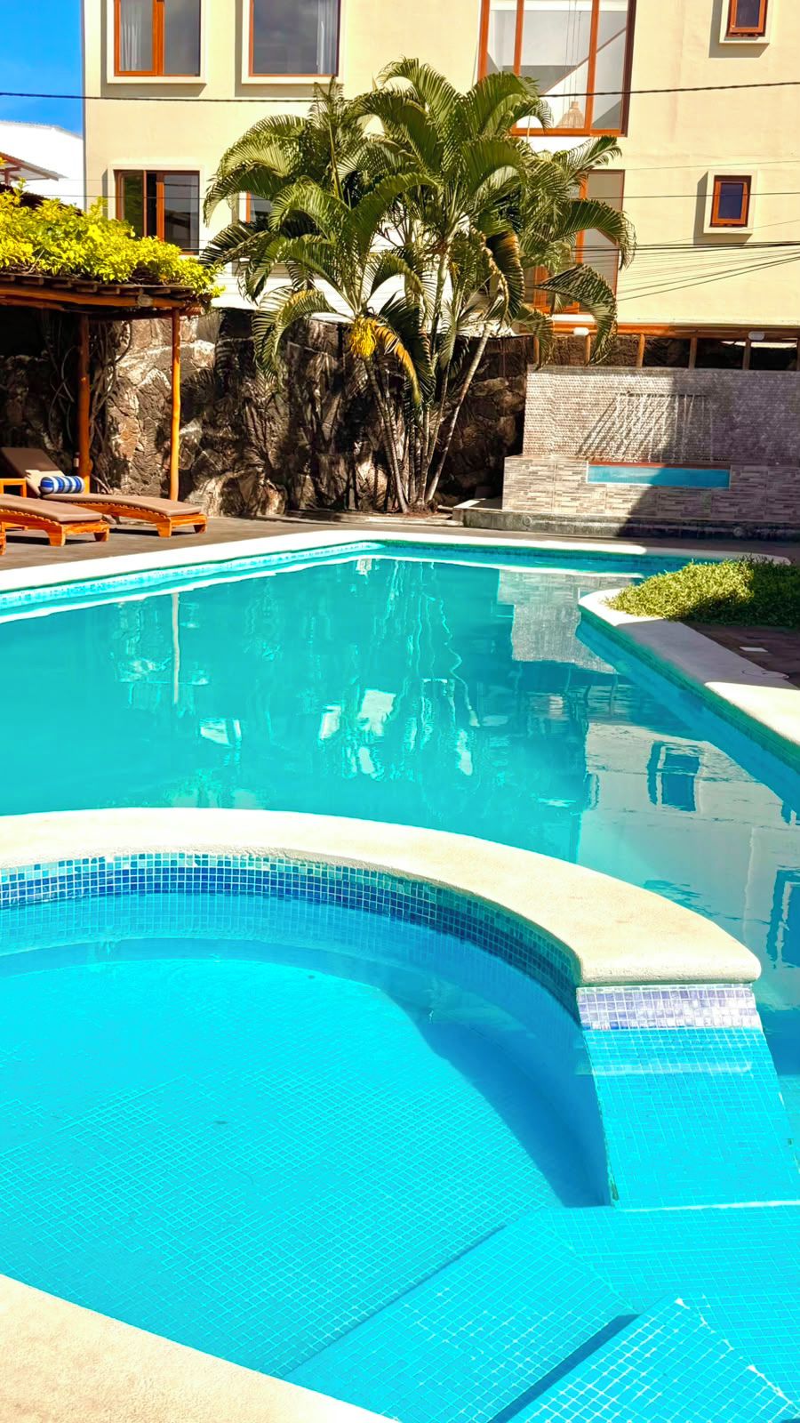 Una piscina con sillas de descanso y palmeras.