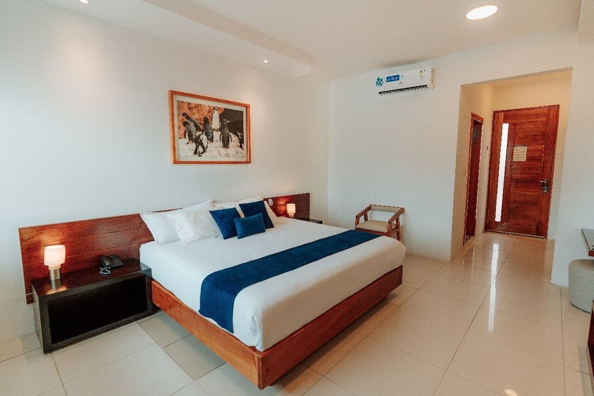 Une chambre d’hôtel avec un grand lit, une table de chevet, une chaise, un tableau au mur et un appareil de climatisation.