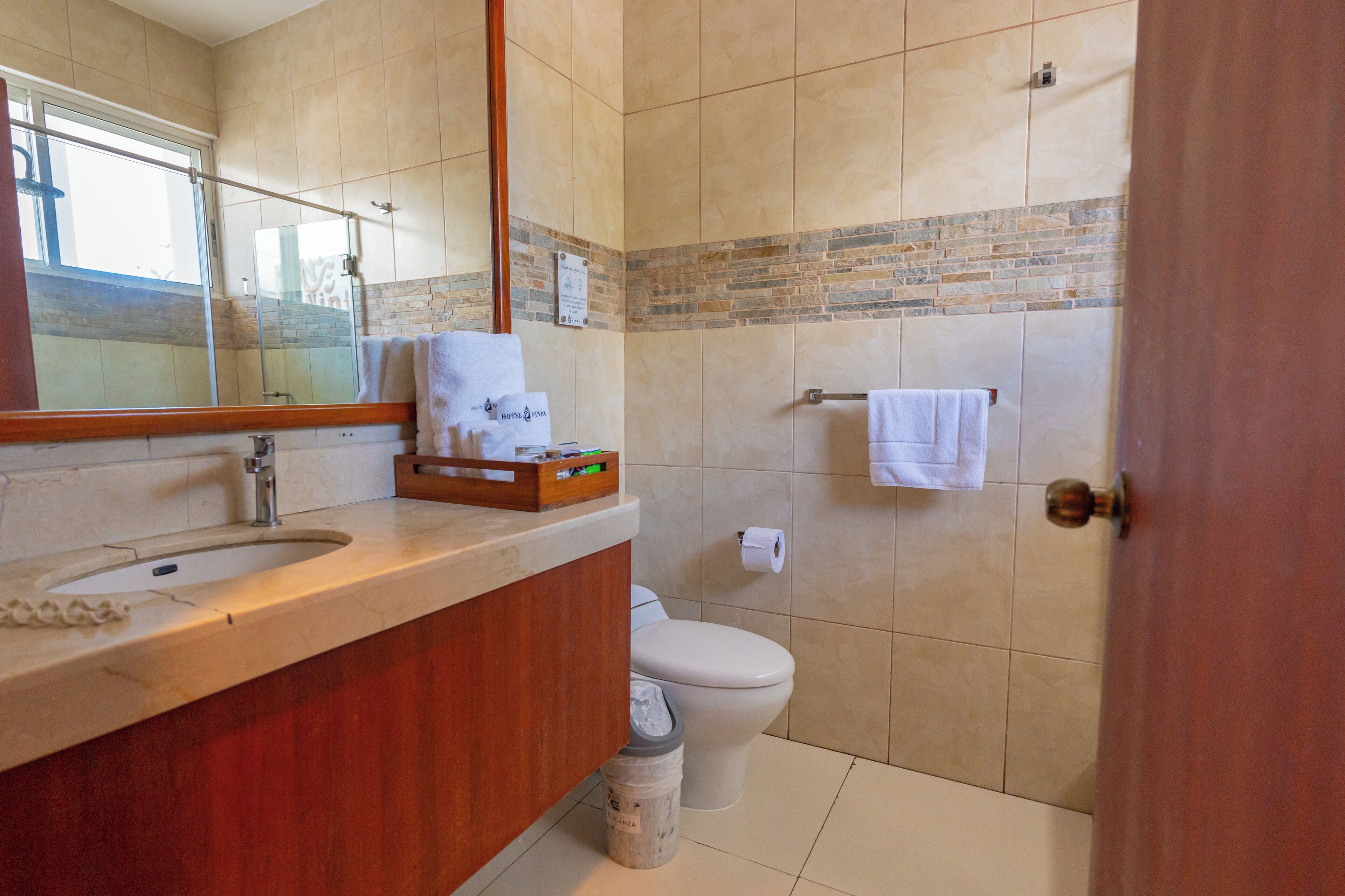 Baño con lavabo, espejo, inodoro y zona de ducha.