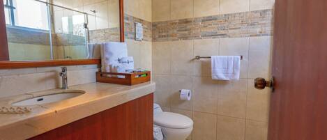 Baño con lavabo, espejo, inodoro y zona de ducha.