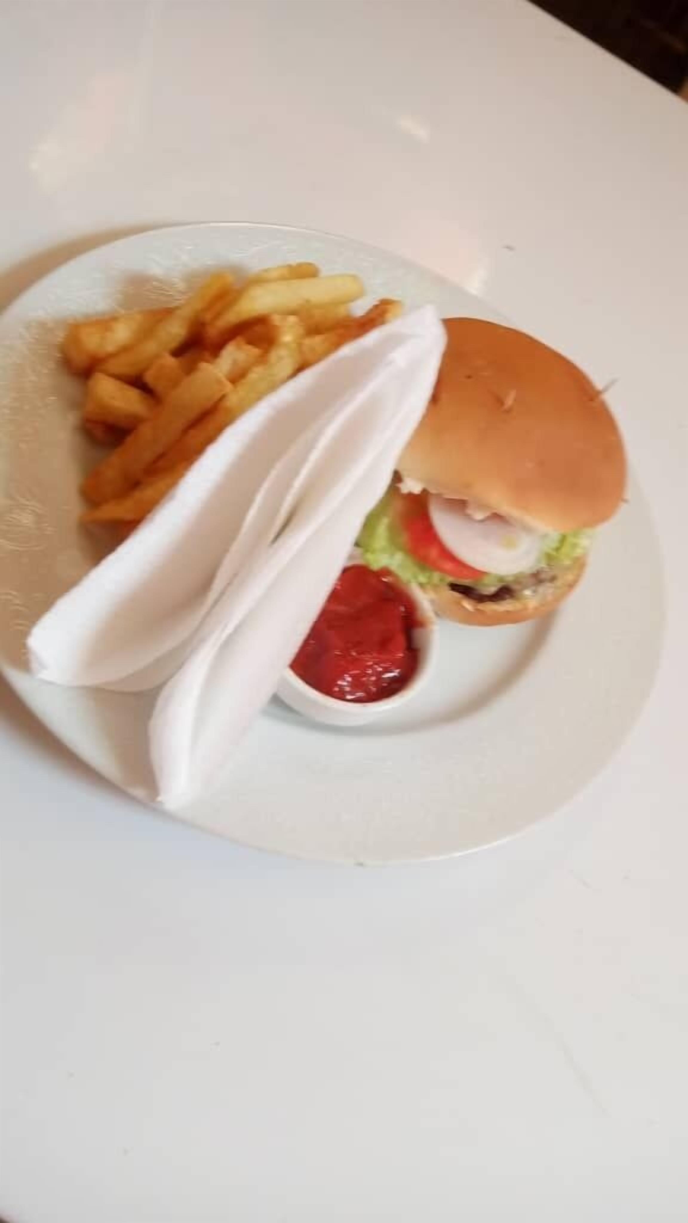 A plate with a hamburger, fries, and ketchup.