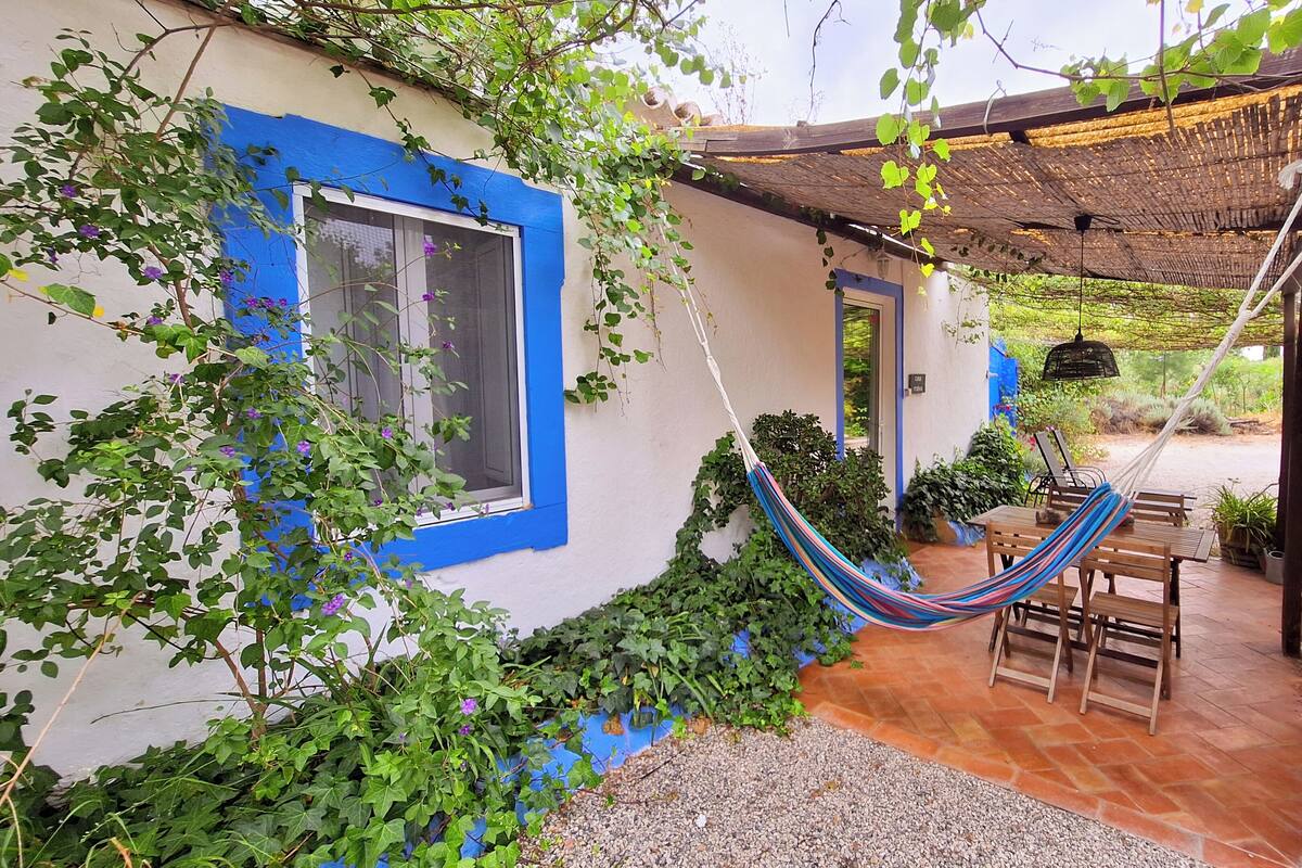 Une maison à l’extérieur bleu, avec un hamac et un patio comprenant une table et des chaises.