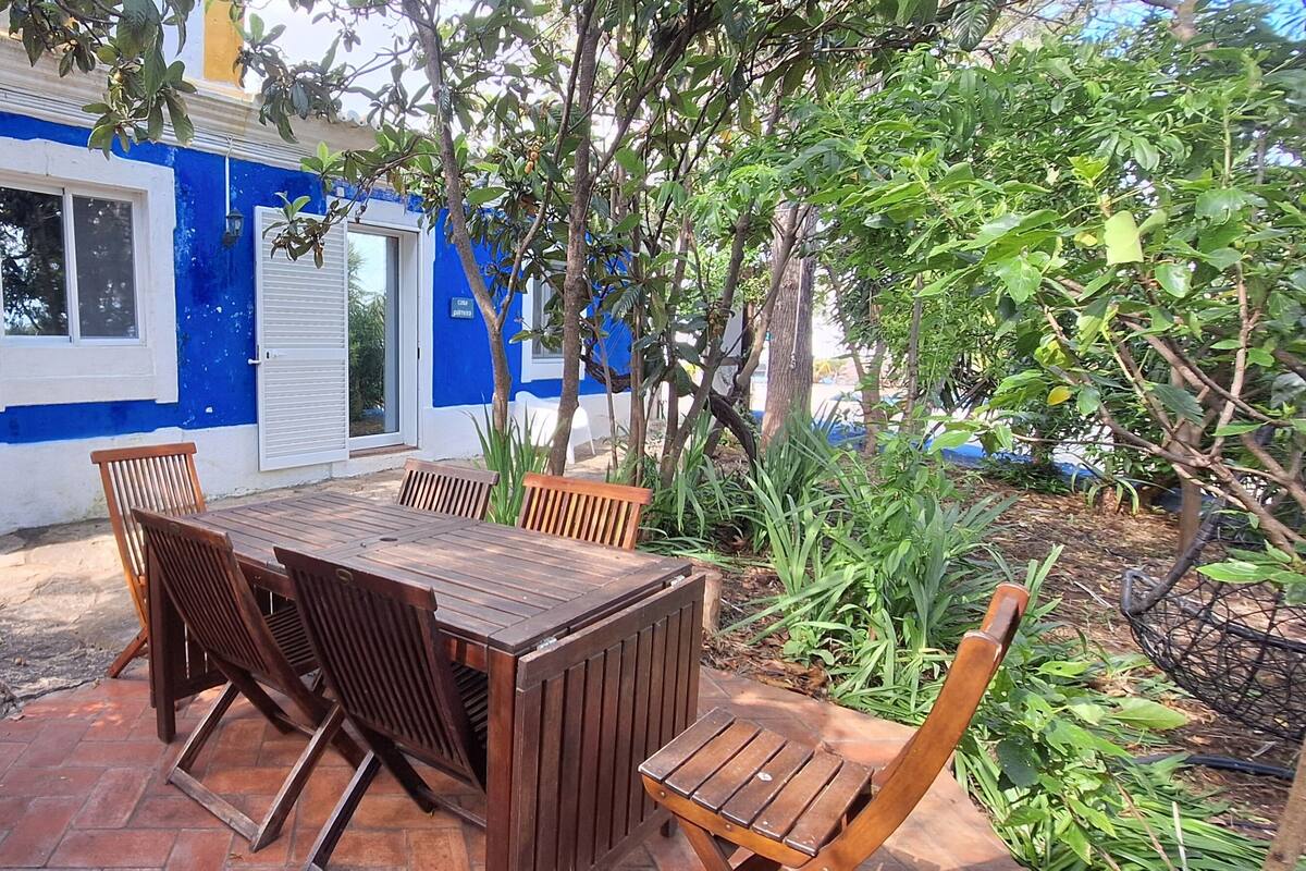 Une terrasse extérieure avec une table et des chaises en bois, un barbecue et un bâtiment bleu en arrière-plan.