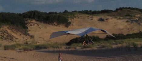 A person walking on a sandy beach with a large umbrella providing shade.