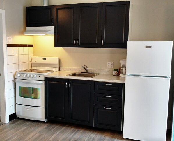 A kitchen with dark cabinets, a white refrigerator, a stove, and a sink.