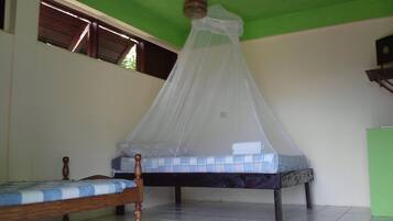 A room with a bed under a mosquito net, a window with wooden shutters, and a green ceiling.