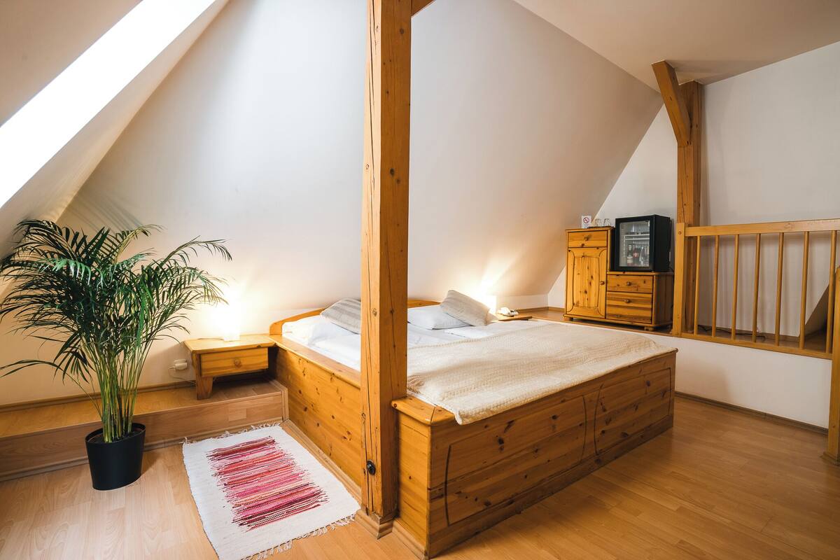A bedroom with a sloped ceiling, wooden bed frame, bedside tables, a potted plant, a small cabinet, and a TV.