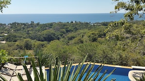 A pool area with a view of the ocean and surrounding greenery.