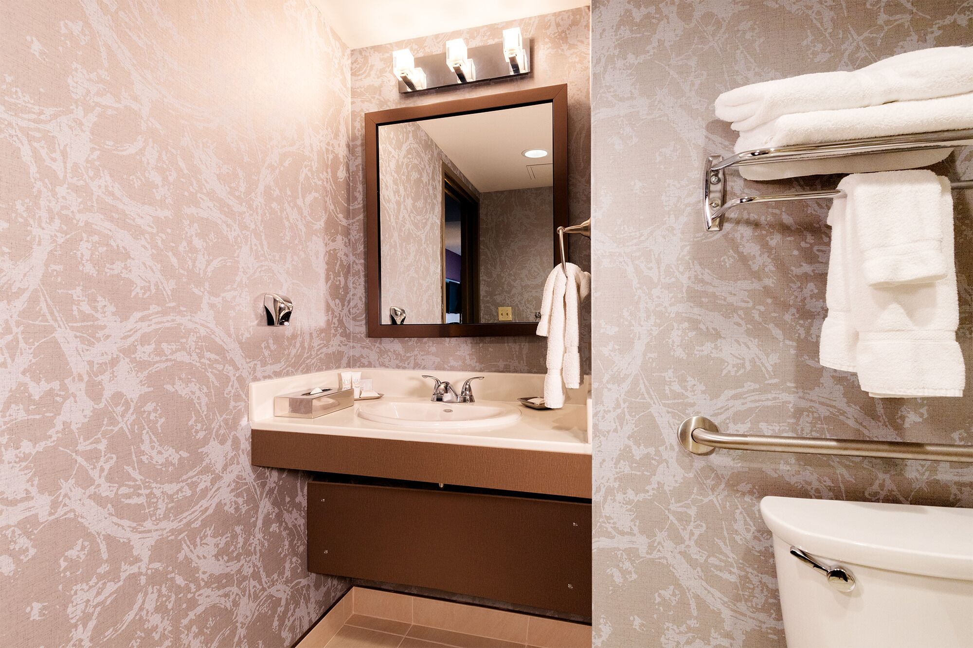 Ein Badezimmer mit Marmorwand, einem Waschbecken mit Ablagefläche, einem Spiegel und einer Toilette mit Handtuchhalter.