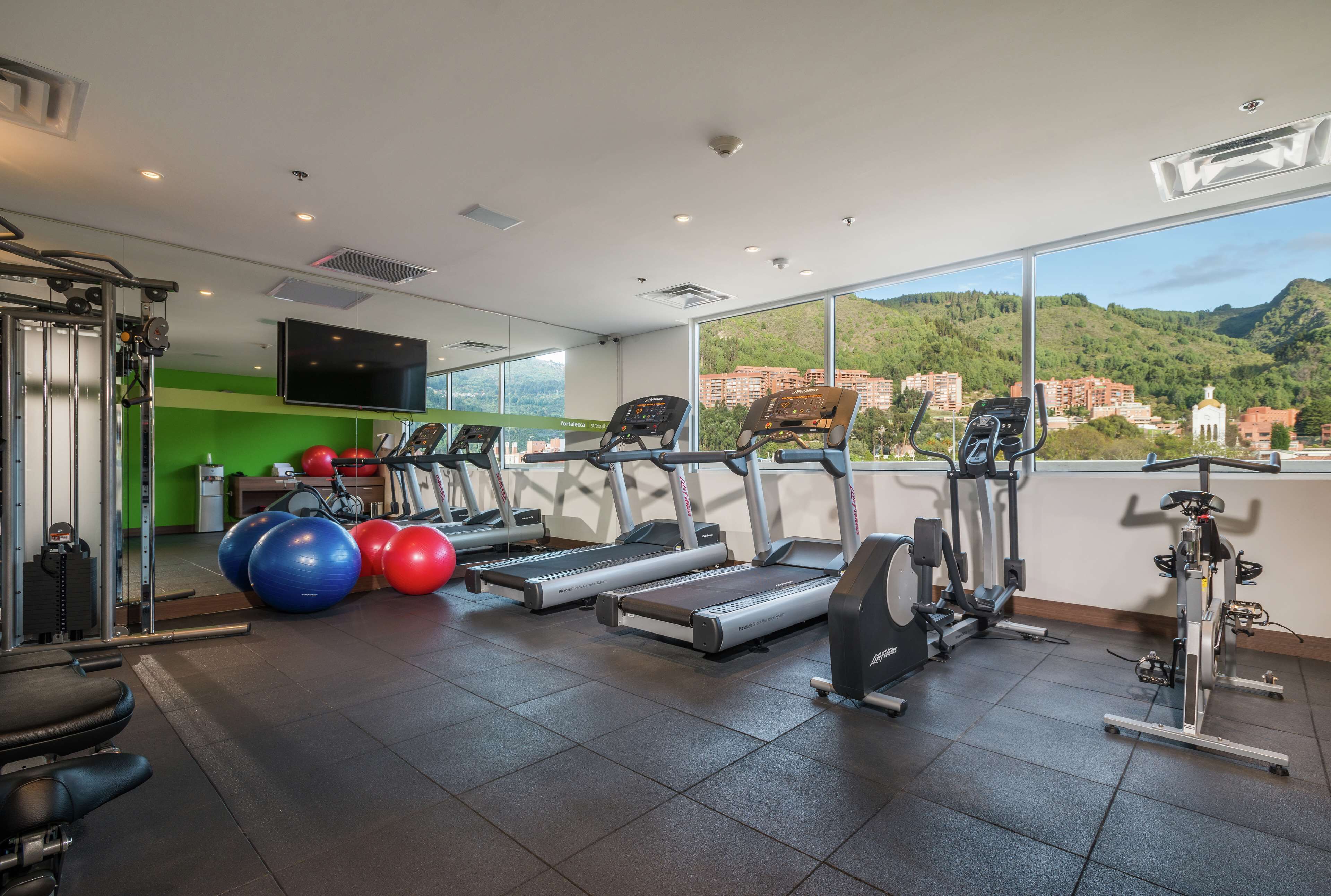 Un gimnasio con cintas de correr, pelotas de ejercicio y máquinas de pesas, con vistas a un pueblo en la ladera de una colina.