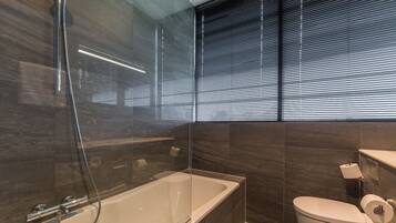 Eco-friendly toiletries, hair dryer, towels