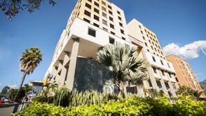 Un hôtel à plusieurs étages, doté d’une façade en pierre, de palmiers et surplombant un ciel d’un bleu limpide.