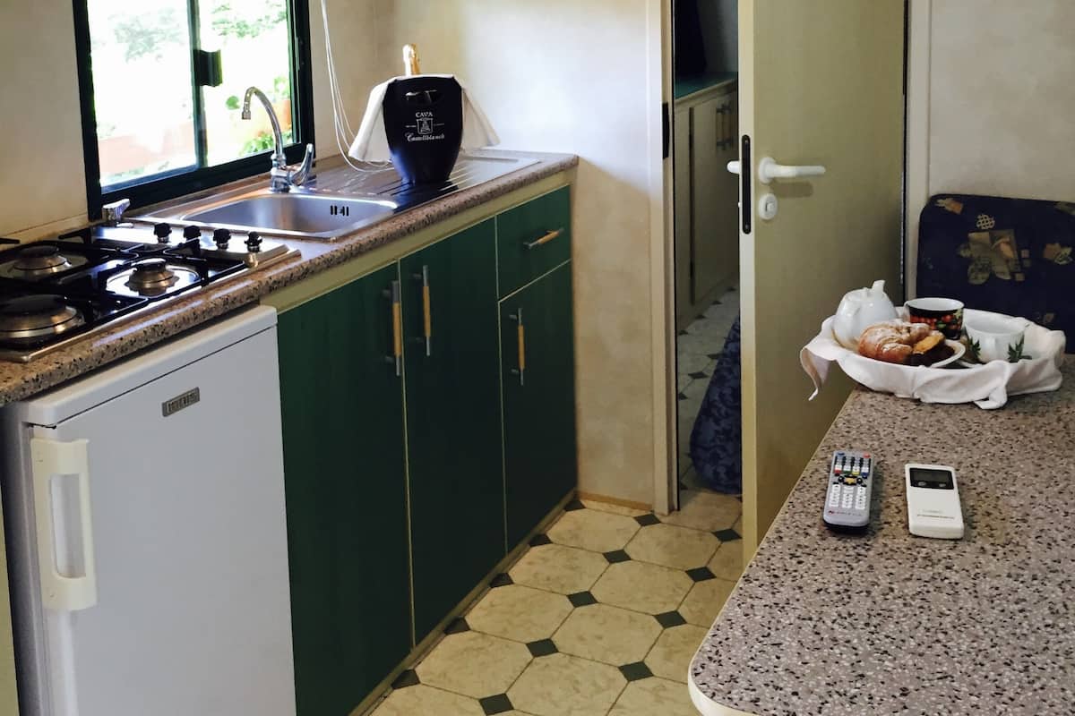A compact kitchen with green cabinets, a white refrigerator, a gas stove, and a sink. There is a small table with a teapot, cup, and pastries. A microwave and a remote control are on the table.