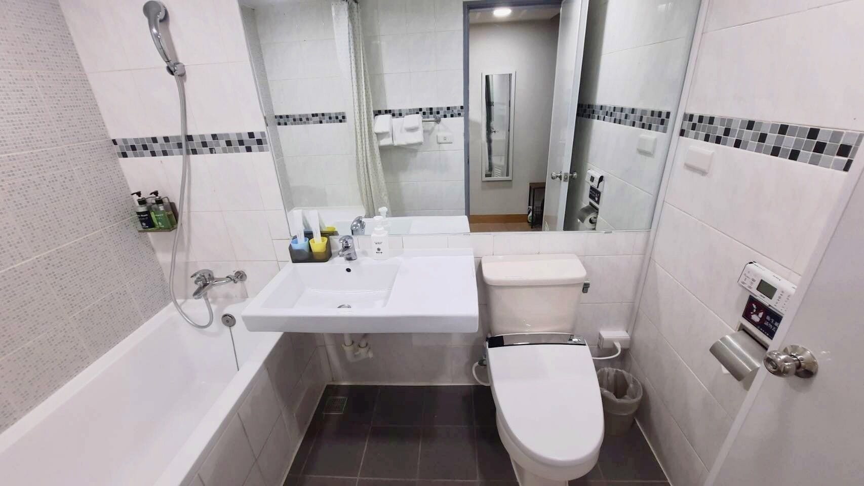 free toiletries, hair dryer, slippers, bidet