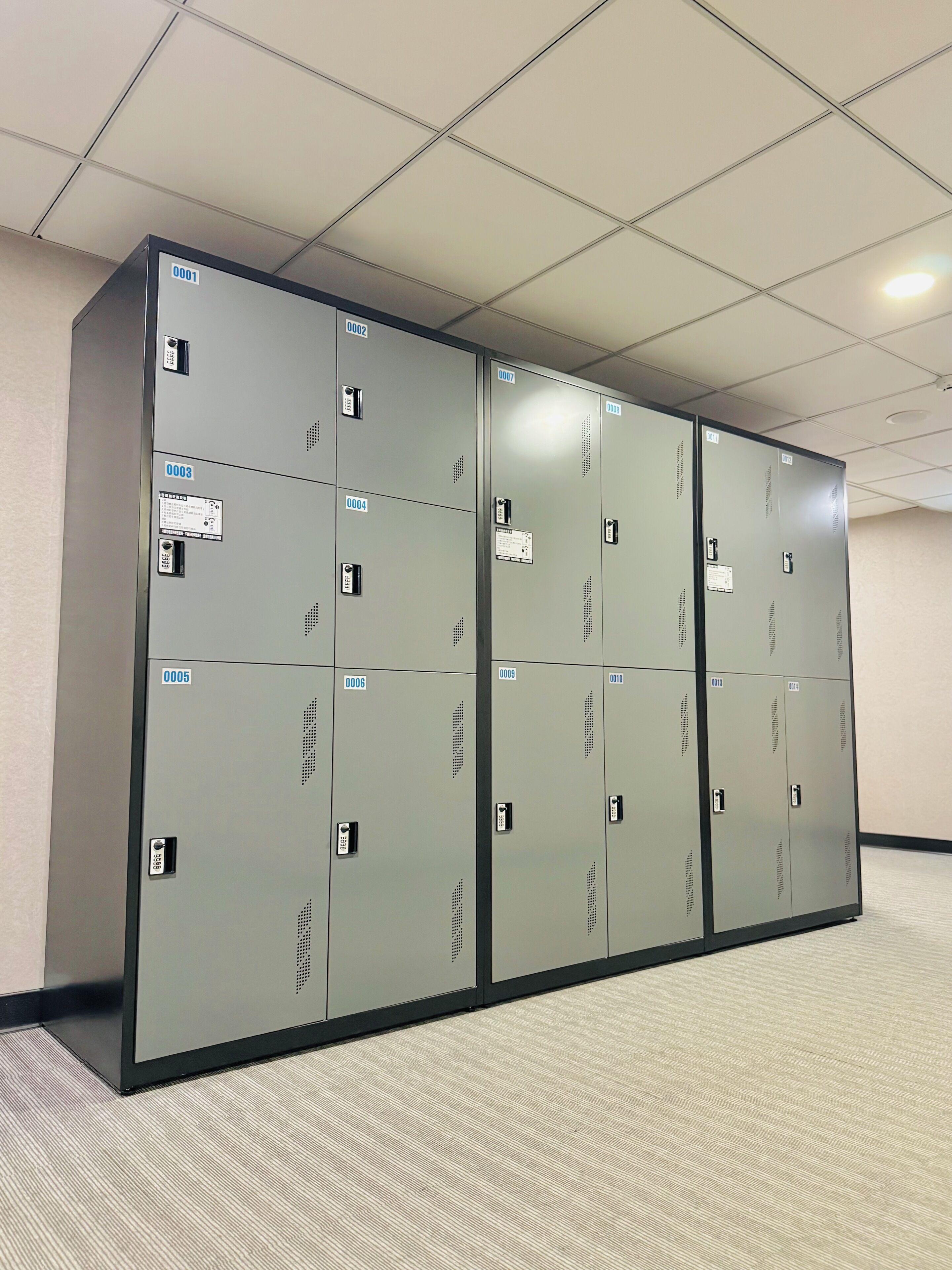 Een rij grijze metalen lockers met genummerde labels, een plafond met inbouwverlichting en een vloerbedekking.