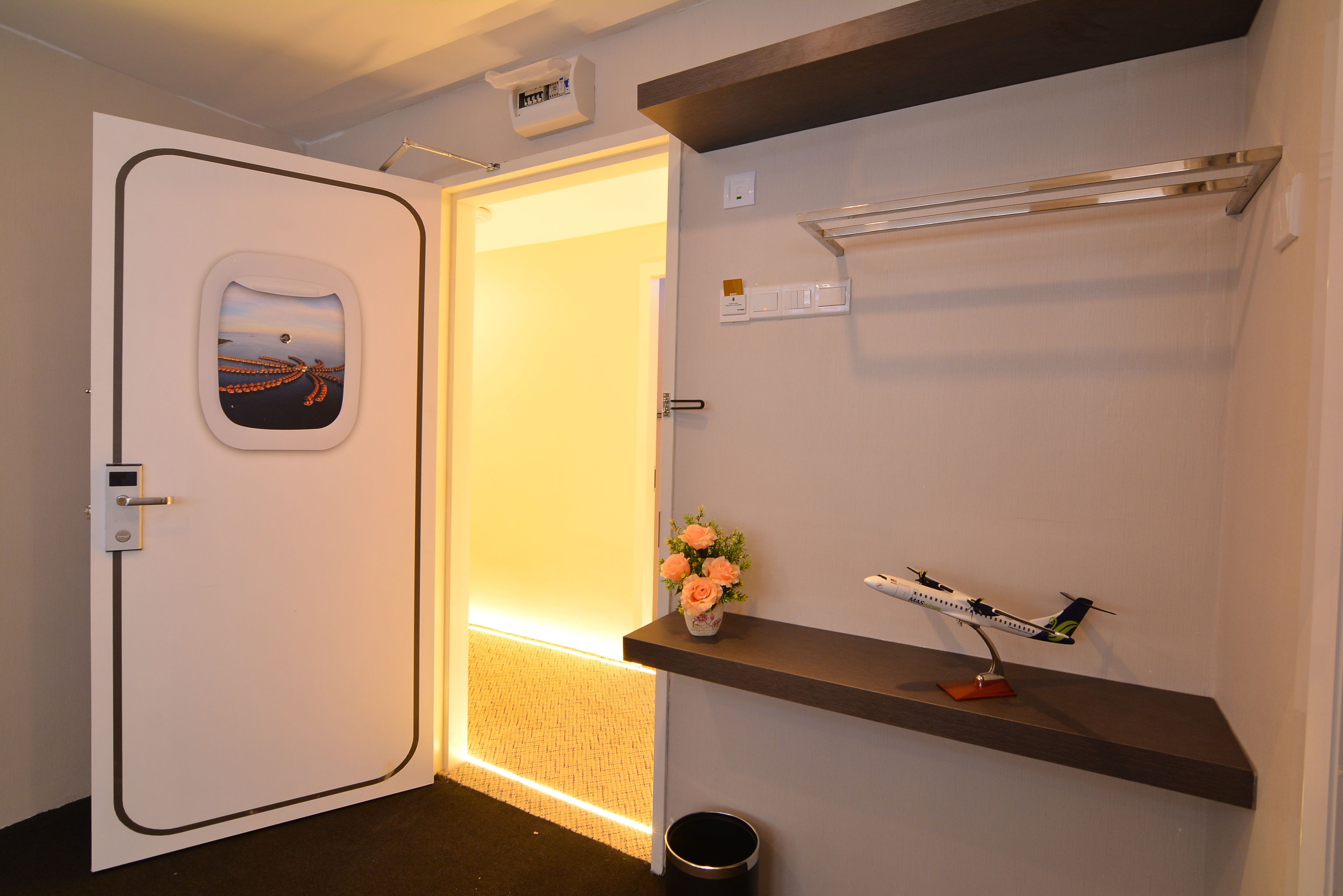A hotel room with a door featuring a window with a scenic view, a small shelf with a model airplane, a vase with flowers, and a trash can.