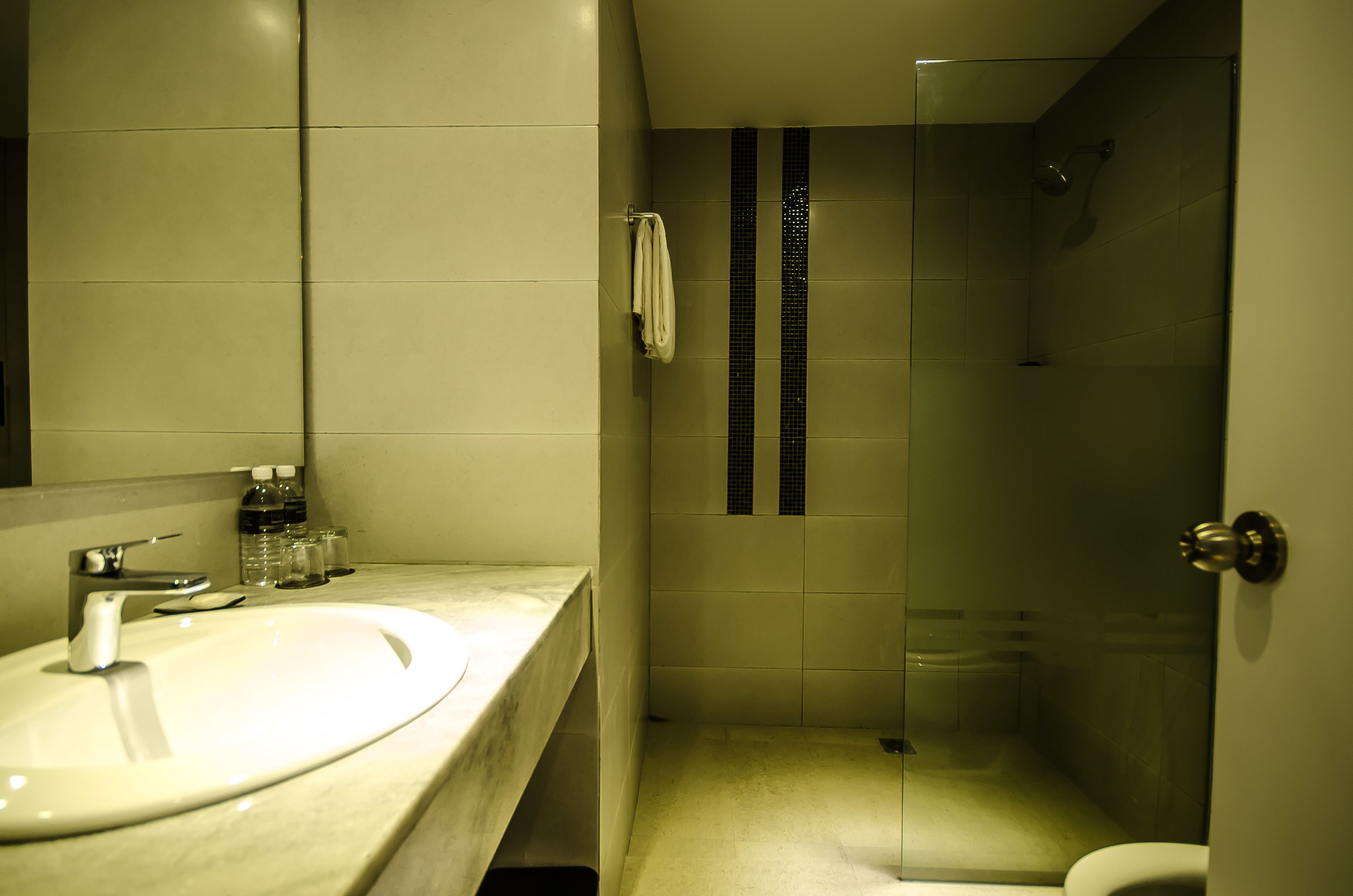 A bathroom with a sink, mirror, and shower.