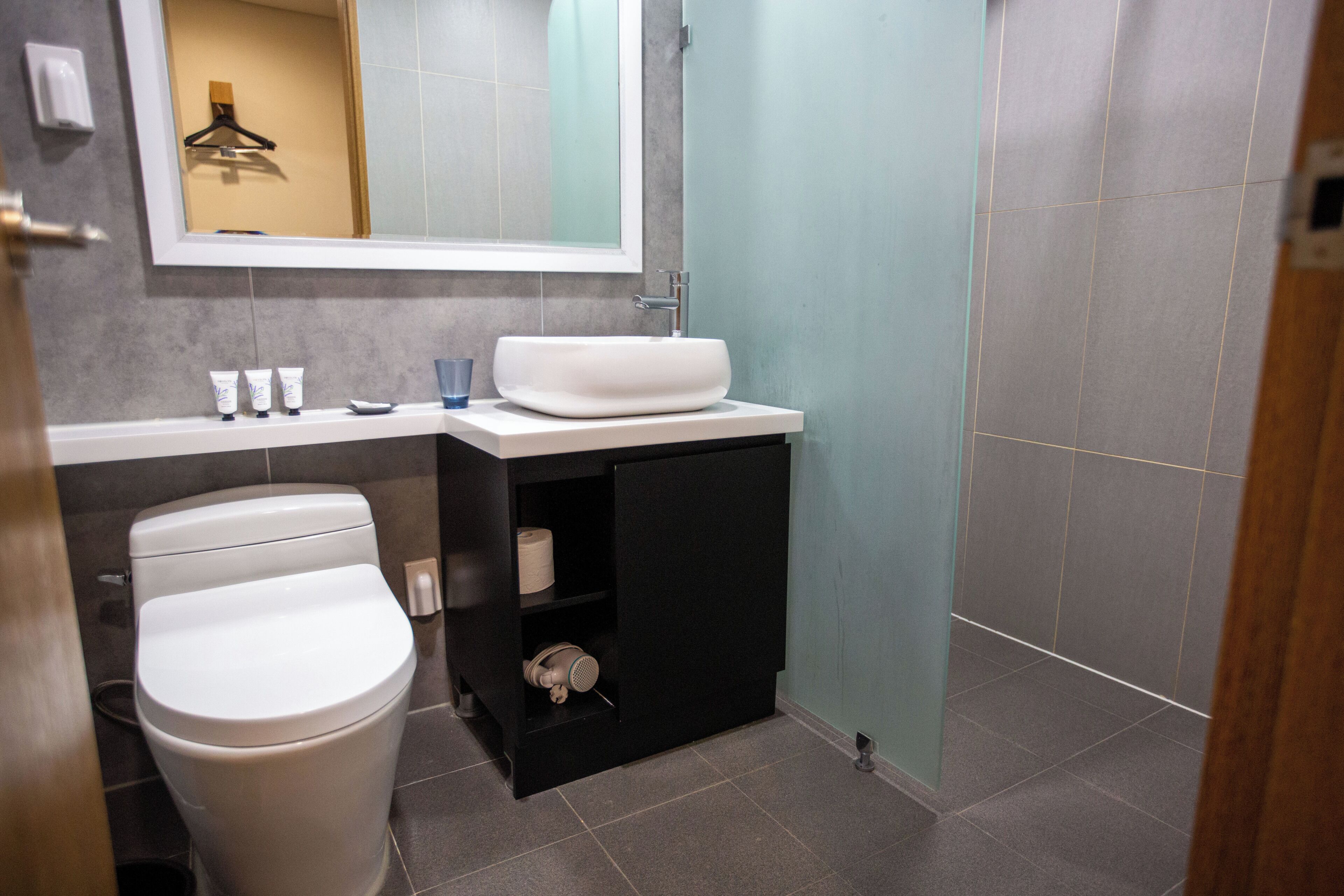 A modern bathroom with a toilet, sink, and mirror.