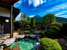 Un jardín japonés tradicional con un estanque de carpas, formaciones rocosas y una montaña al fondo.