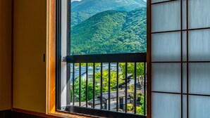 Una habitación con vistas a una montaña y un lago.