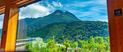 Vista a través de una ventana de un paisaje montañoso con vegetación exuberante y cielo despejado.
