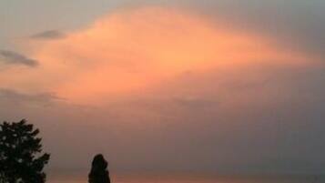 Een zonsondergang boven een wateroppervlak, met silhouetten van bomen en een persoon op de voorgrond.