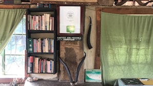 A rustic interior with a fireplace, bookshelves, a framed painting, and a visitors' book. - Maasai Simba Camp (Amboseli)
