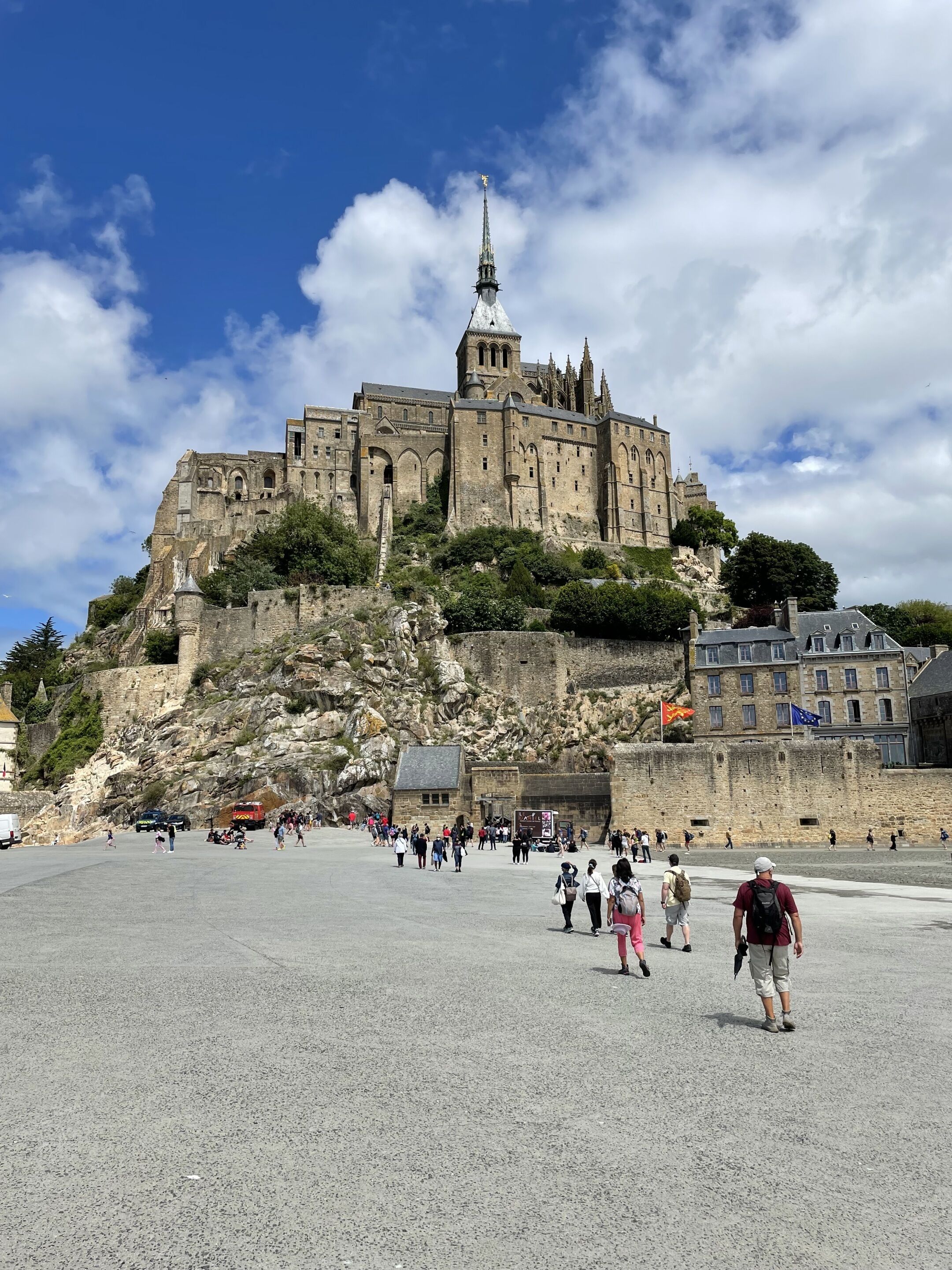 Un château historique, doté d’une tour imposante, situé sur une colline rocheuse, avec une zone pavée en premier plan.