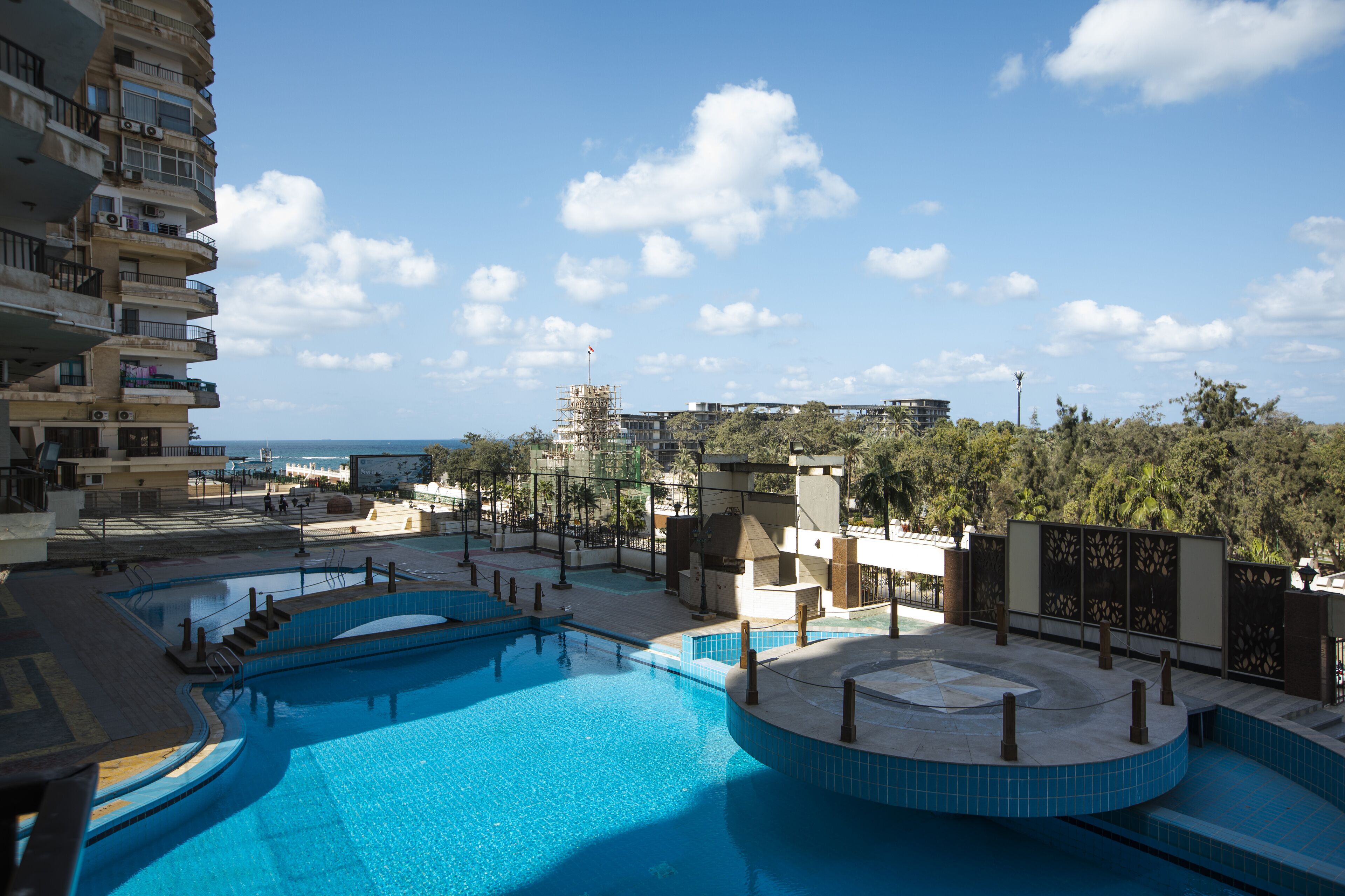 Outdoor pool, pool umbrellas, pool loungers