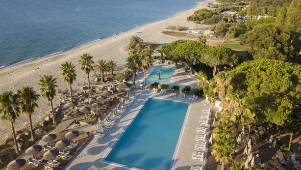 Un resort con una piscina grande, camastros y palmeras.