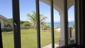 Vista desde el interior de una casa hacia un patio cubierto de césped, con una palmera y una terraza de madera.