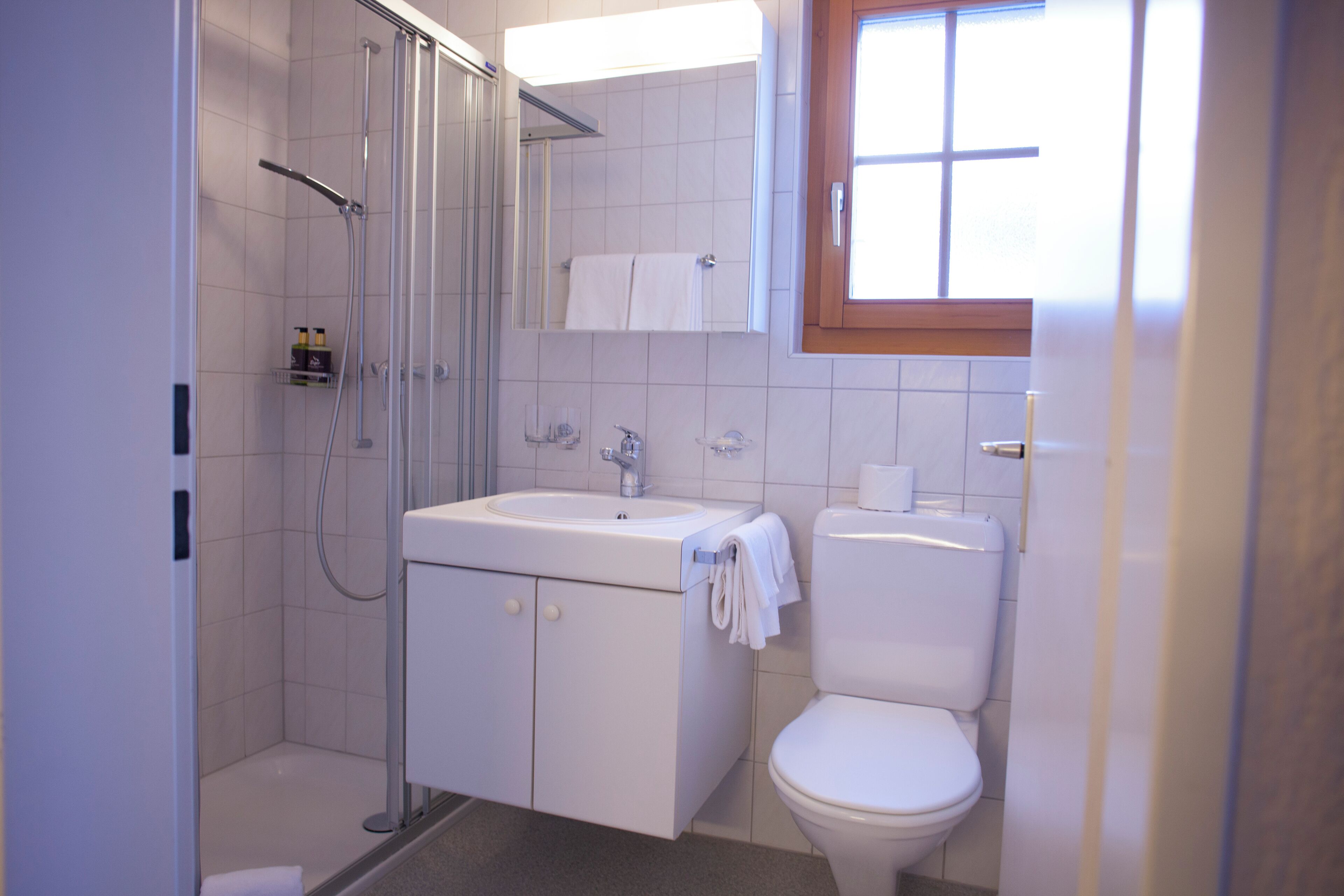 A modern bathroom with a shower, sink, and toilet.