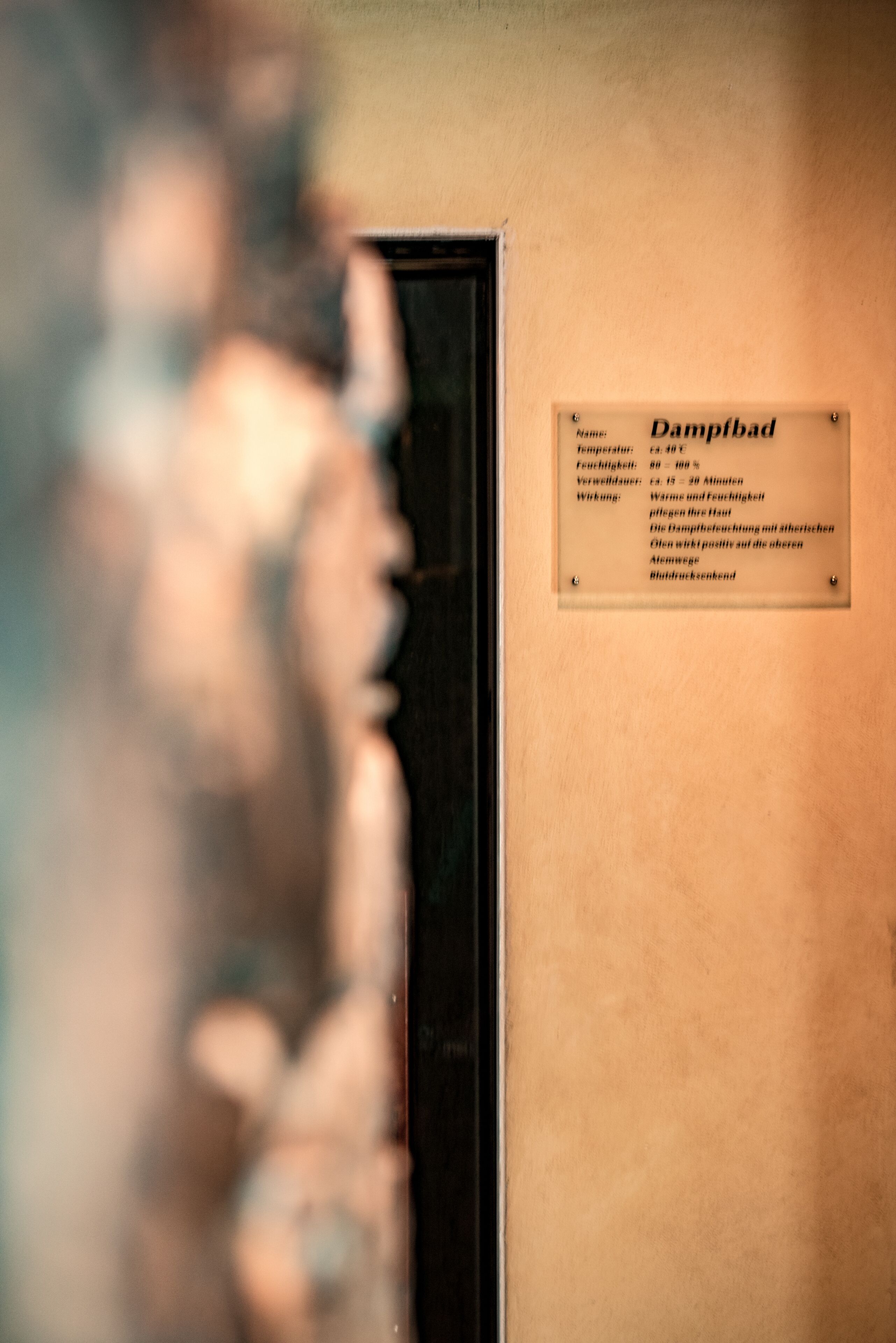A sign with text in a foreign language, a door, and a blurred background.