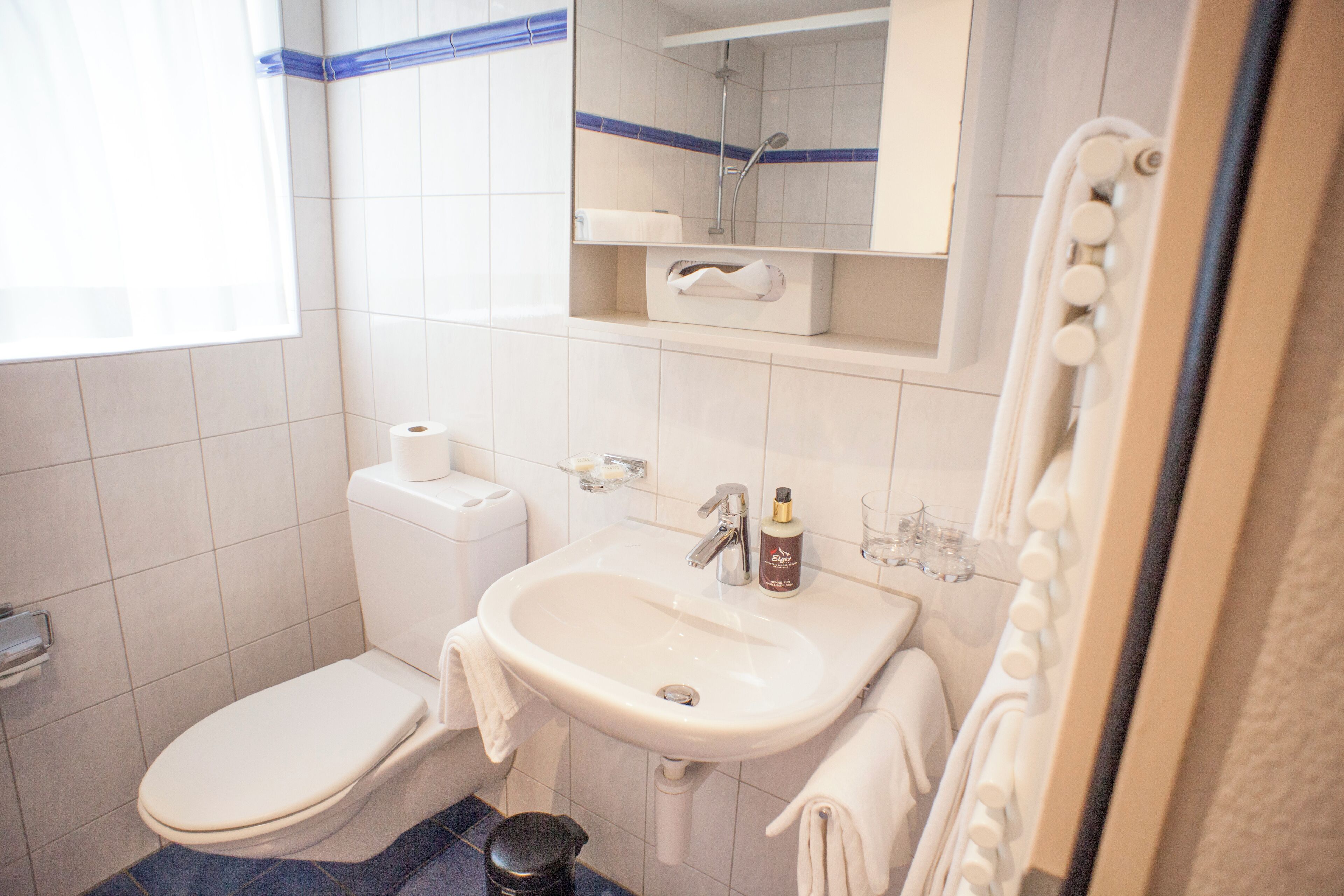 Un bagno con il water, un lavandino e una doccia.