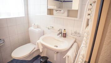 Un bagno con il water, un lavandino e una doccia.