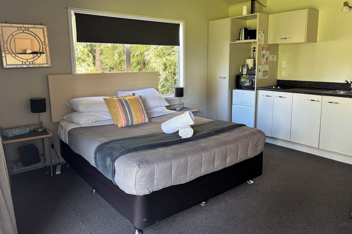 A hotel room with a bed, bedside table, lamp, and a view of greenery outside.