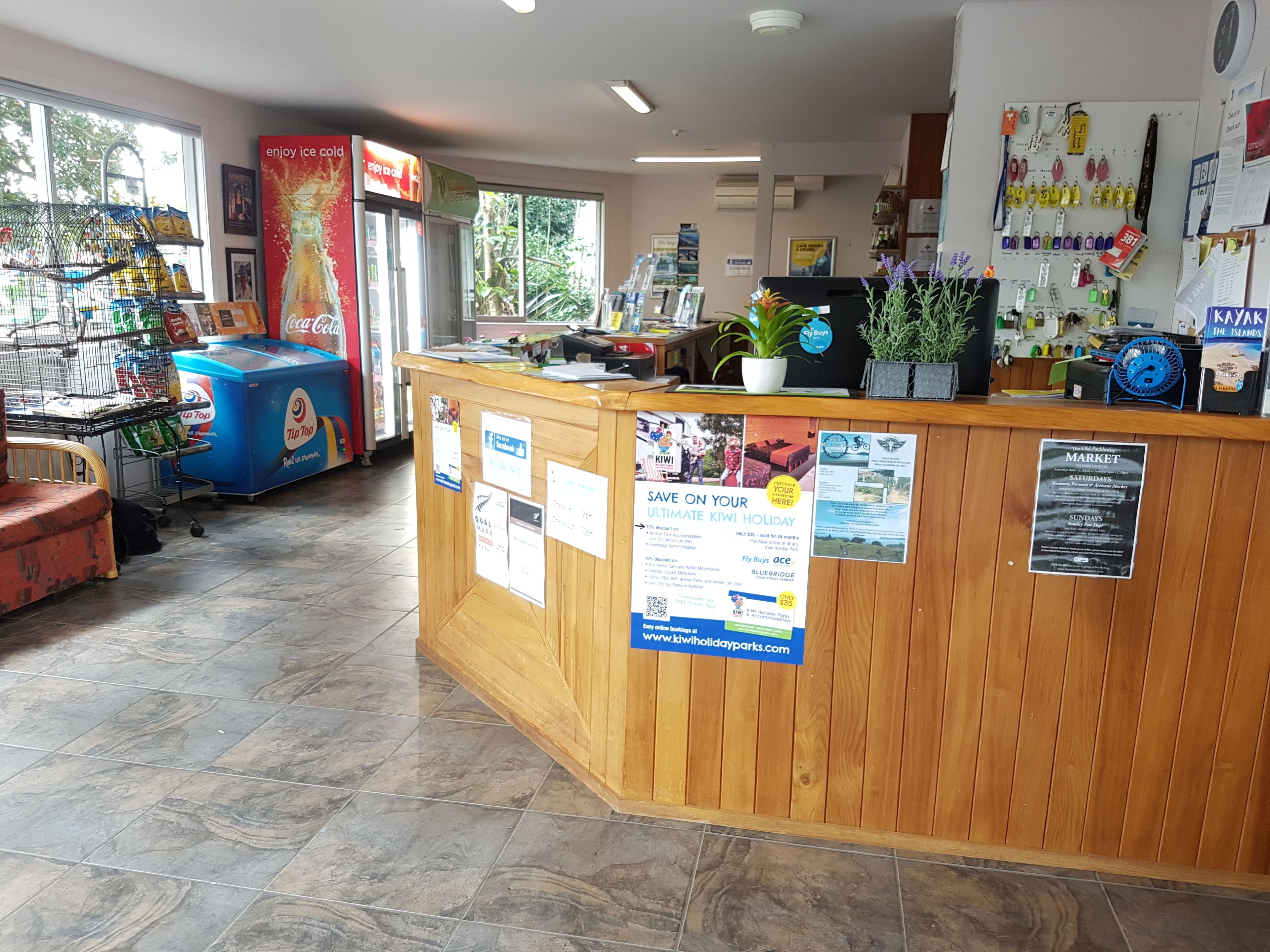 Un espace d’accueil avec un comptoir en bois, un réfrigérateur Coca-Cola, un congélateur Tip Top et un ventilateur bleu. Des affiches sont disposées sur le comptoir, faisant la publicité de vacances en Nouvelle-Zélande et d’un marché.