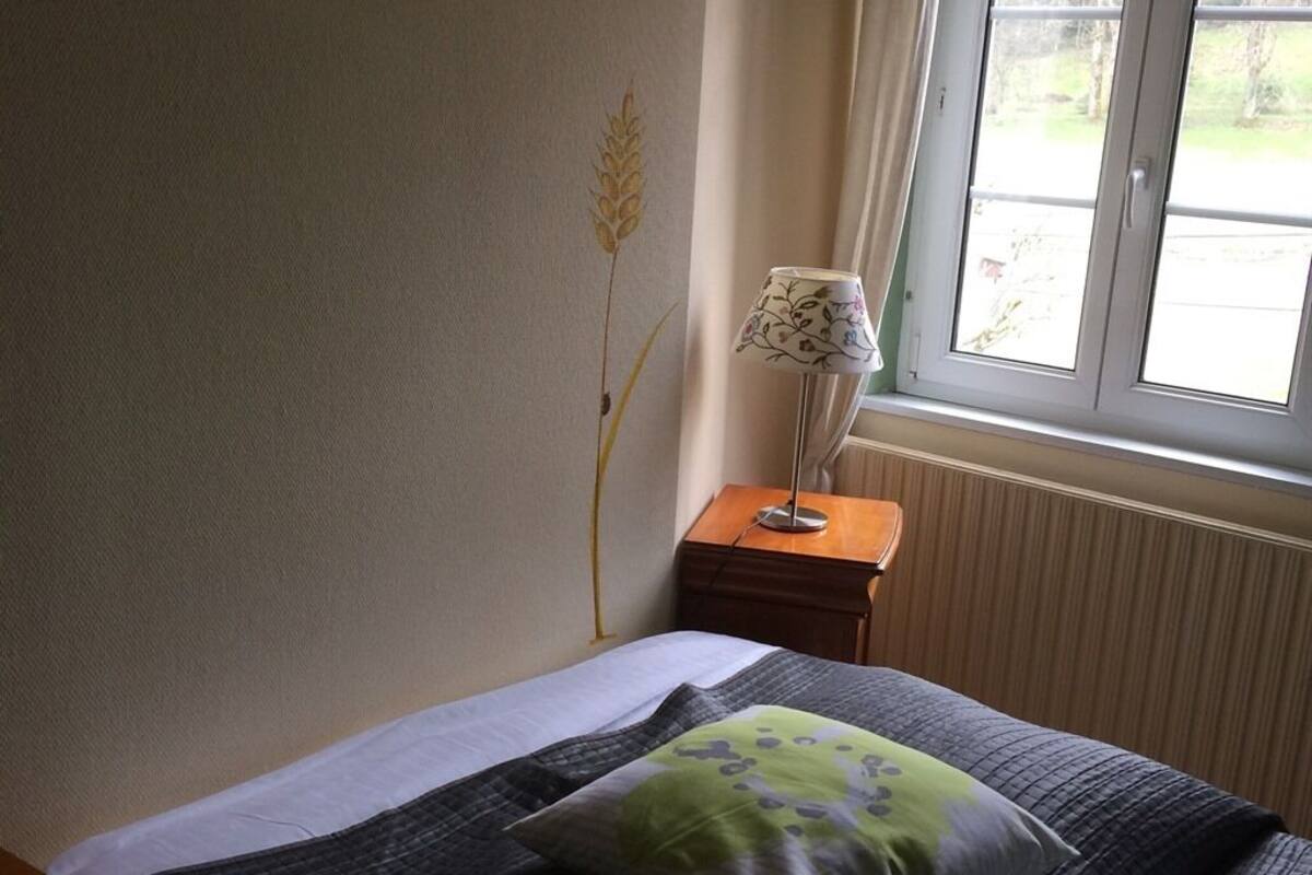 A bedroom with a bed, a nightstand, a lamp, and a window with a view of greenery outside.