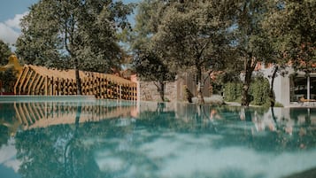 Outdoor pool, pool umbrellas, pool loungers