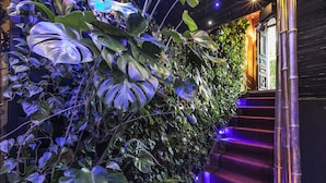 Una escalera con barandilla de bambú y una pared de follaje verde exuberante.