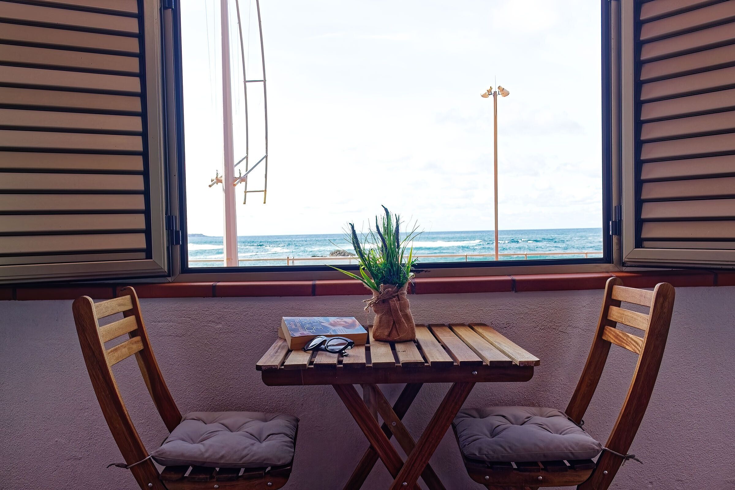 A room with a wooden table and two chairs, a plant, and a book.