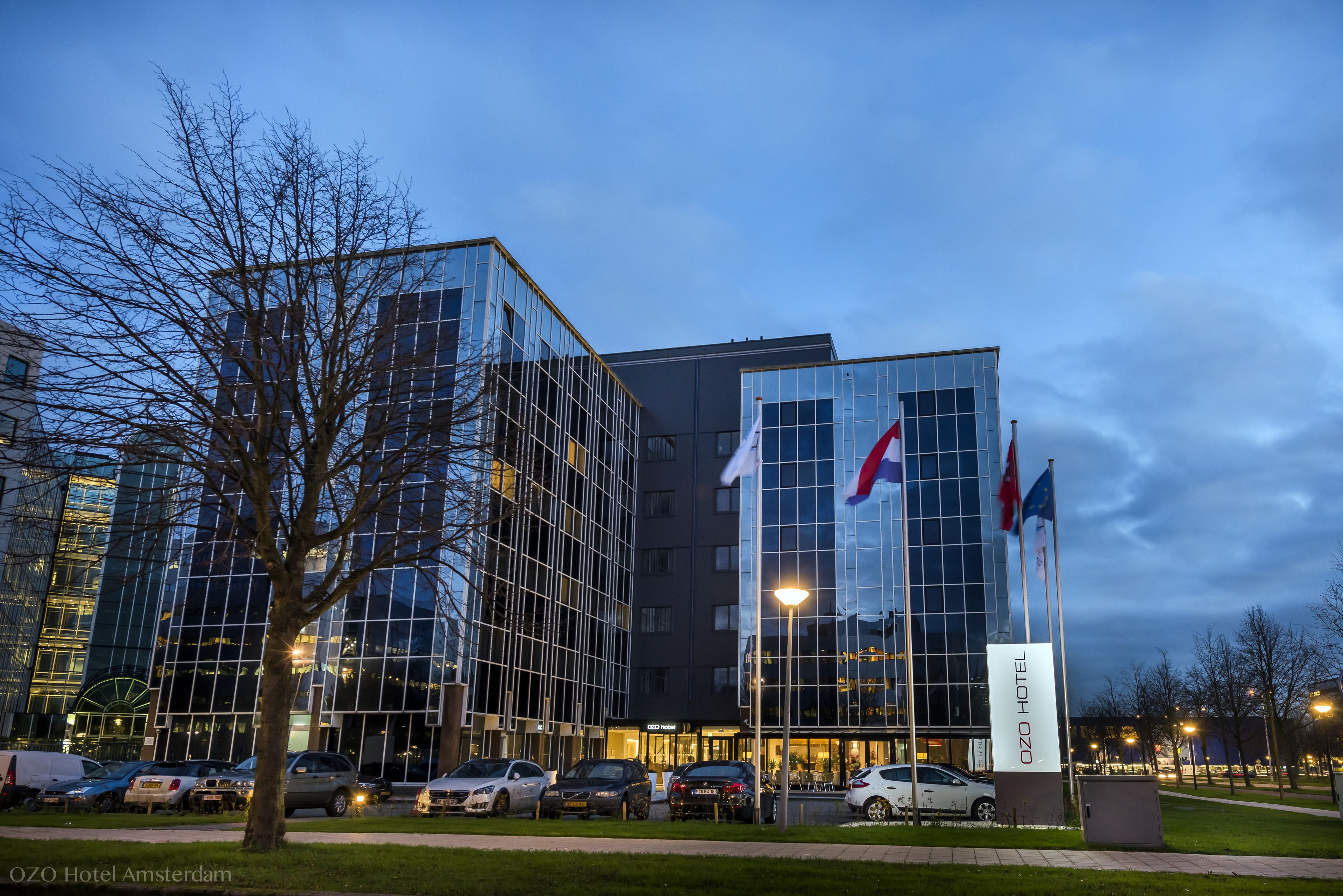 A modern hotel building with a glass facade, multiple flags, and parked cars in front.